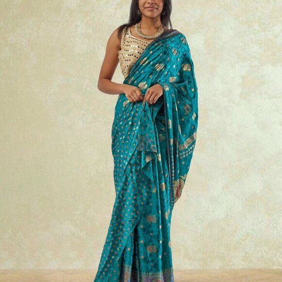 Buy Green Paithani Print Crepe Saree | Muvvas Boutique - Picture 5 of 5